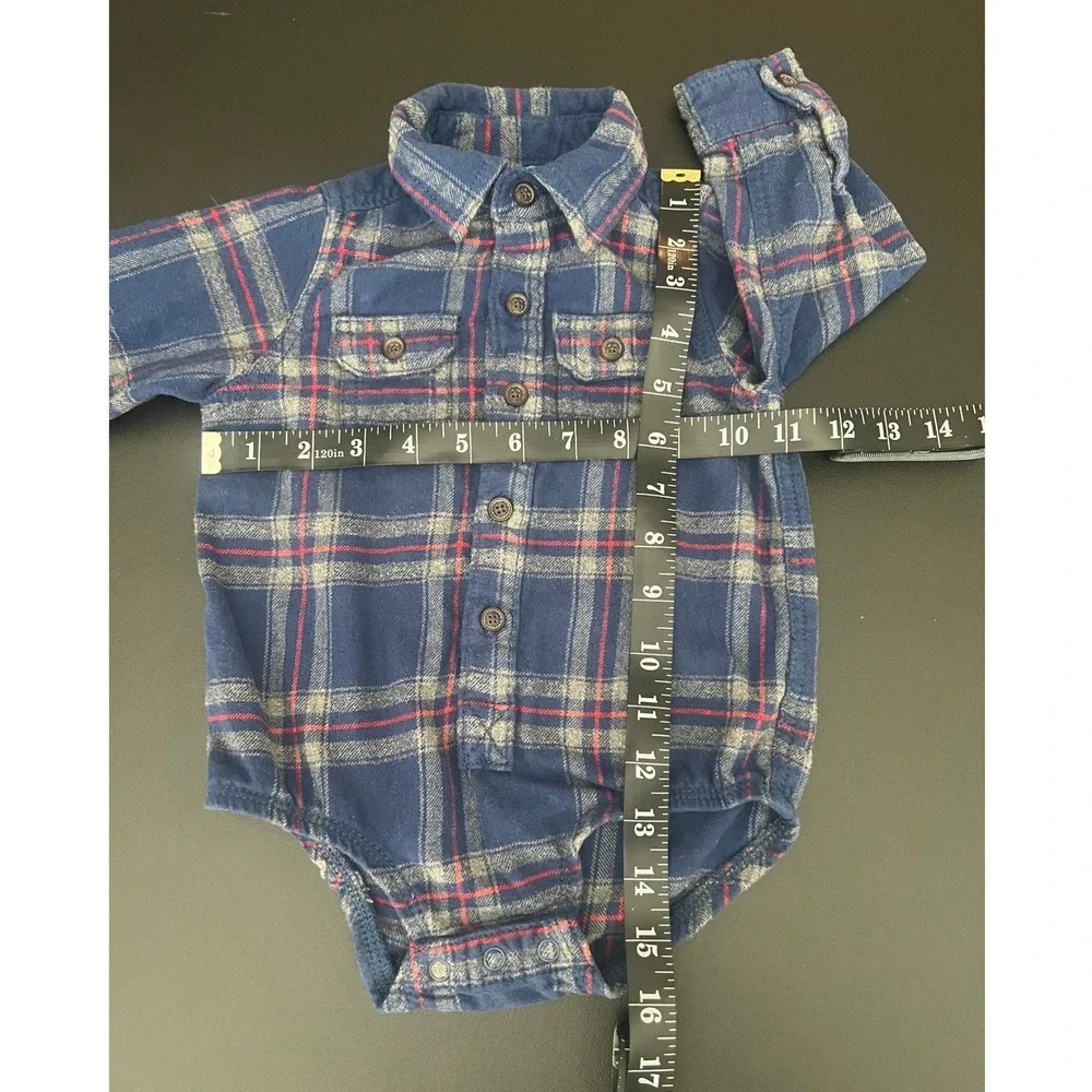 OshKosh Bgosh Baby Blue Plaid Flannel Button Front Bodysuit 18M (1050)